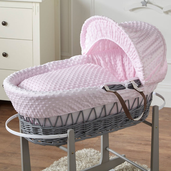 For Your Little One Pink Dimple Grey Wicker Baby Moses Basket with Stand