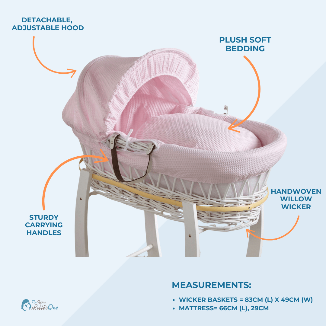 For Your Little One Pink Dimple Grey Wicker Baby Moses Basket with Stand