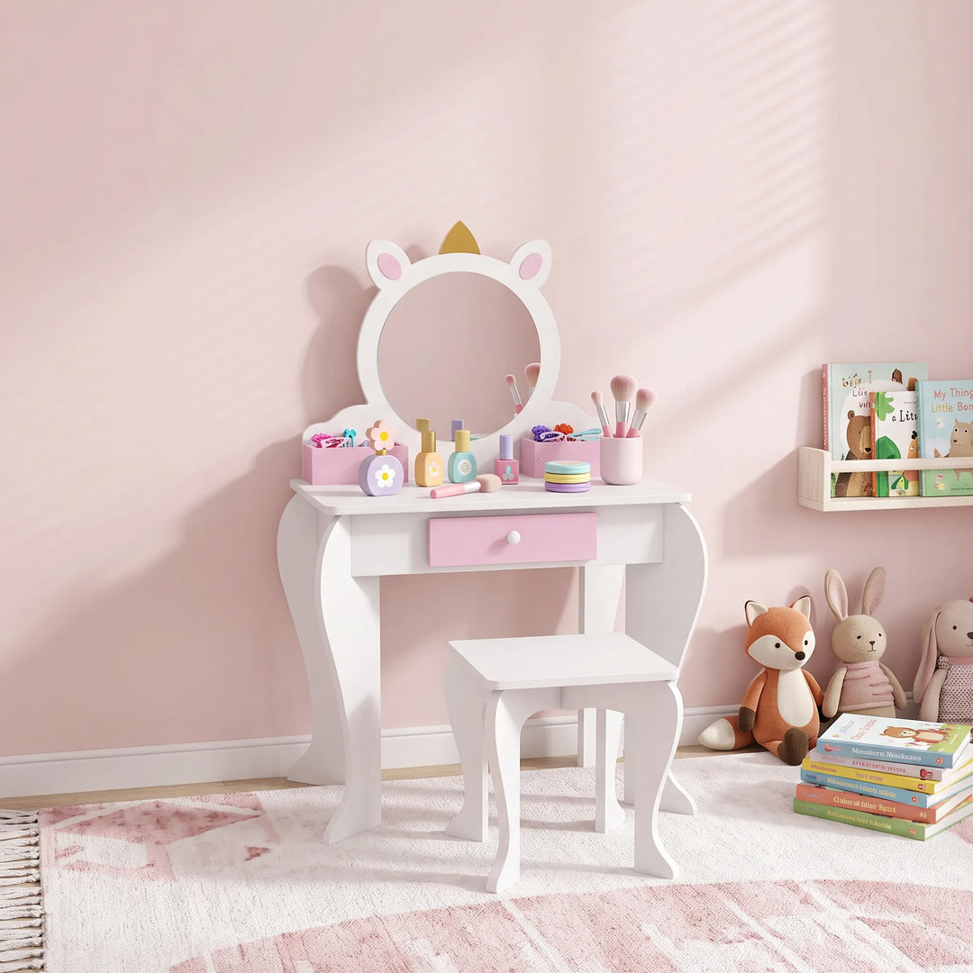 ZONEKIZ Unicorn-Design Kids Dressing Table, with Mirror and Stool - White
