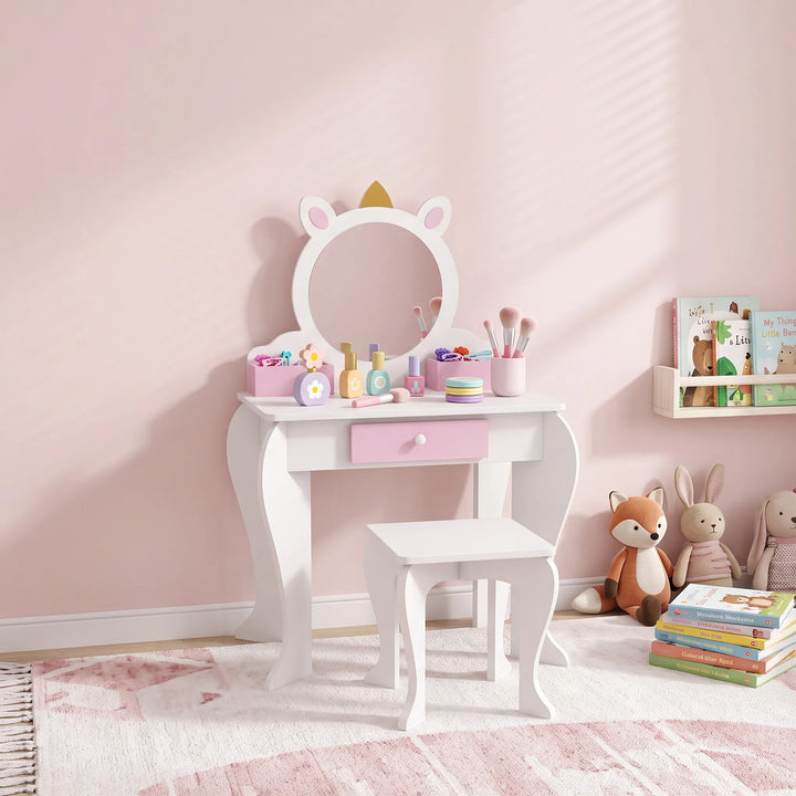 ZONEKIZ Unicorn-Design Kids Dressing Table, with Mirror and Stool - White