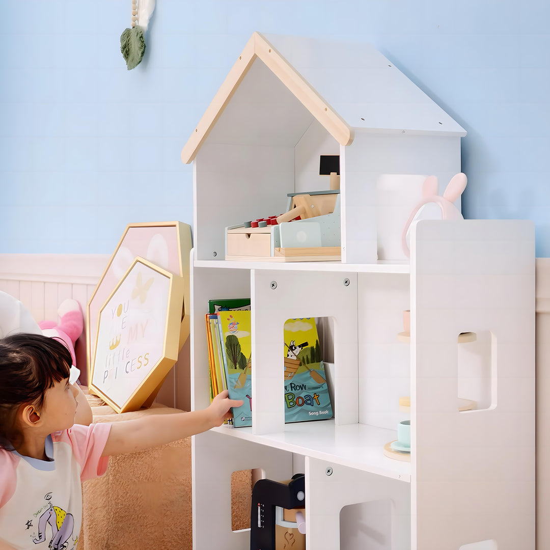 ZONEKIZ Three-Tier Toy Storage Shelf, Kids Bookcase, with Six Cubes, for Playroom, Bedroom - White - image 7