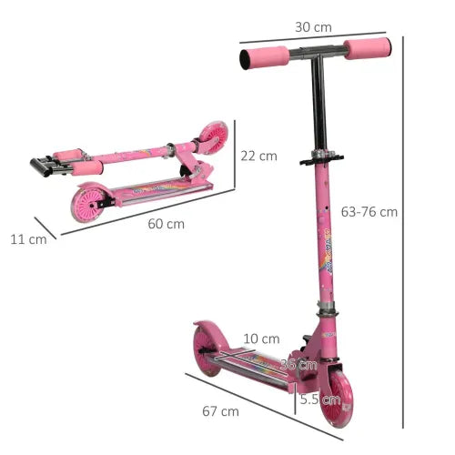 HOMCOM Kids Scooter with LED Lights & Music – Adjustable & Foldable – Pink