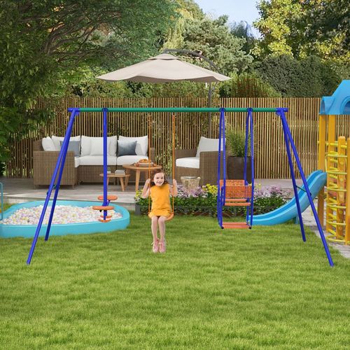 Outsunny Three-in-One Kids Swing Set with Glider & Rocking Chair – Orange & Blue