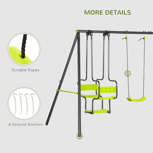 Outsunny Metal Garden Swing Set with Double Swings, Glider & Two-Seater – Green