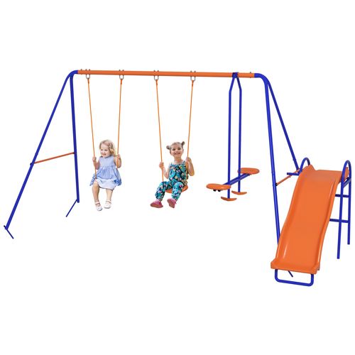 Outsunny 4-in-1 Garden Swing Set with Swings, Glider, Slide & Ladder – Orange & Blue