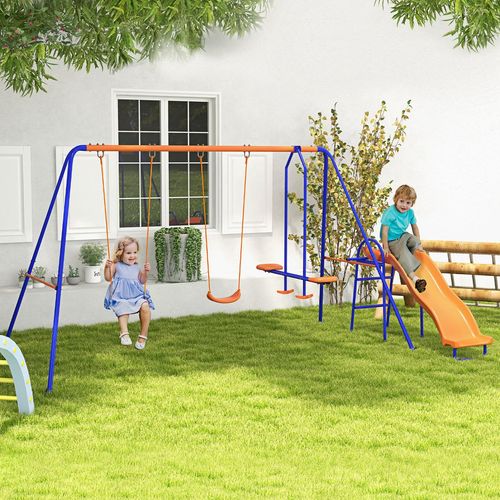 Outsunny 4-in-1 Garden Swing Set with Swings, Glider, Slide & Ladder – Orange & Blue