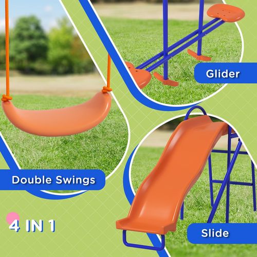 Outsunny 4-in-1 Garden Swing Set with Swings, Glider, Slide & Ladder – Orange & Blue