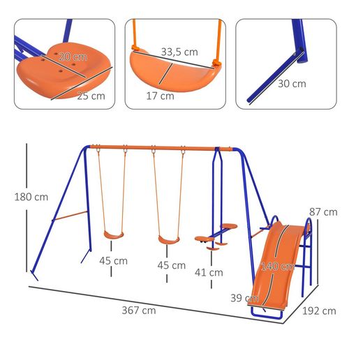 Outsunny 4-in-1 Garden Swing Set with Swings, Glider, Slide & Ladder – Orange & Blue