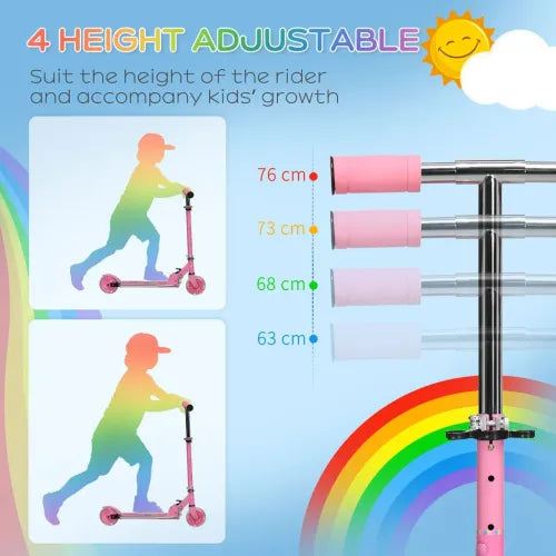 HOMCOM Kids Scooter with LED Lights & Music – Adjustable & Foldable – Pink