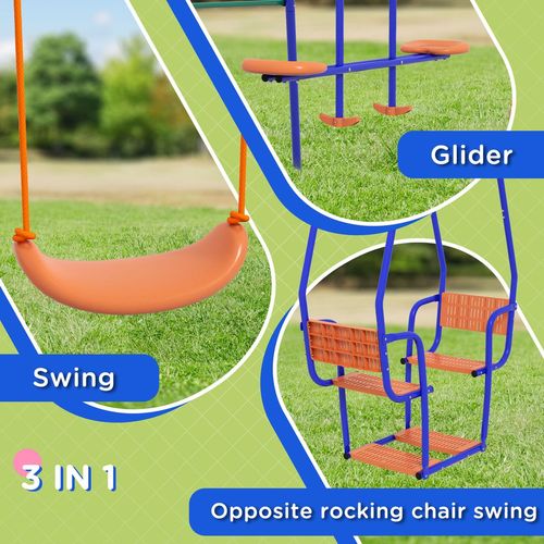 Outsunny Three-in-One Kids Swing Set with Glider & Rocking Chair – Orange & Blue