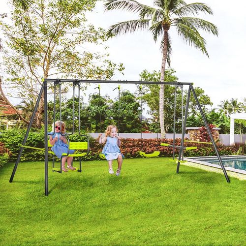 Outsunny Metal Garden Swing Set with Double Swings, Glider & Two-Seater – Green