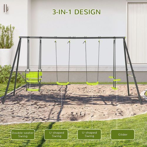 Outsunny Metal Garden Swing Set with Double Swings, Glider & Two-Seater – Green
