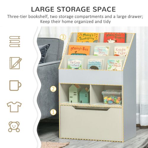 HOMCOM Kids Bookshelf &amp; Toy Organiser with Drawer and Wheels – Grey