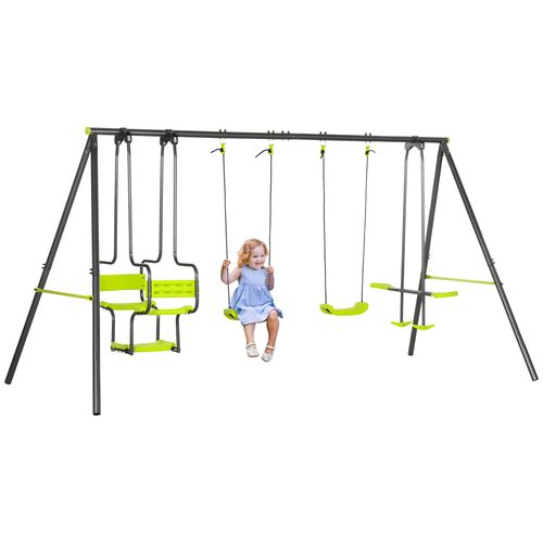 Outsunny Metal Garden Swing Set with Double Swings, Glider & Two-Seater – Green