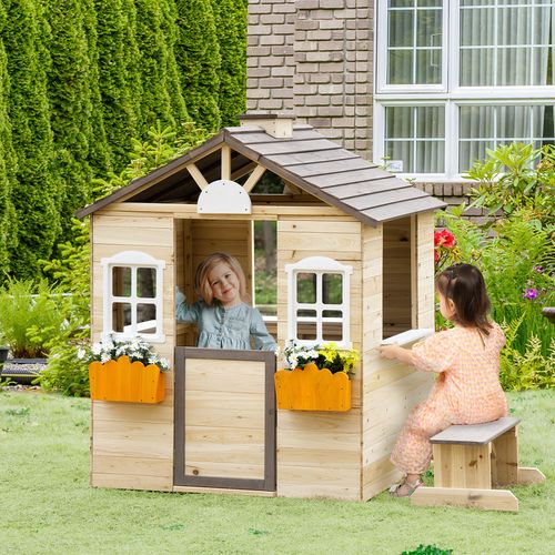 Outsunny Wooden Playhouse - Natural Wood