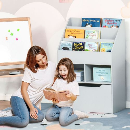 HOMCOM Kids Bookshelf &amp; Toy Organiser with Drawer and Wheels – Grey