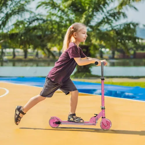 HOMCOM Kids Scooter with LED Lights & Music – Adjustable & Foldable – Pink