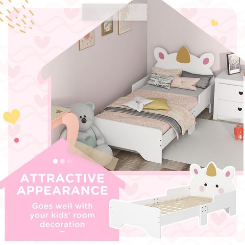 ZONEKIZ Unicorn Toddler Bed – White & Pink (Ages 3–6)