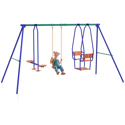 Outsunny Three-in-One Kids Swing Set with Glider & Rocking Chair – Orange & Blue