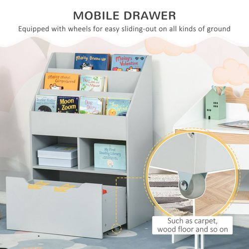 HOMCOM Kids Bookshelf &amp; Toy Organiser with Drawer and Wheels – Grey