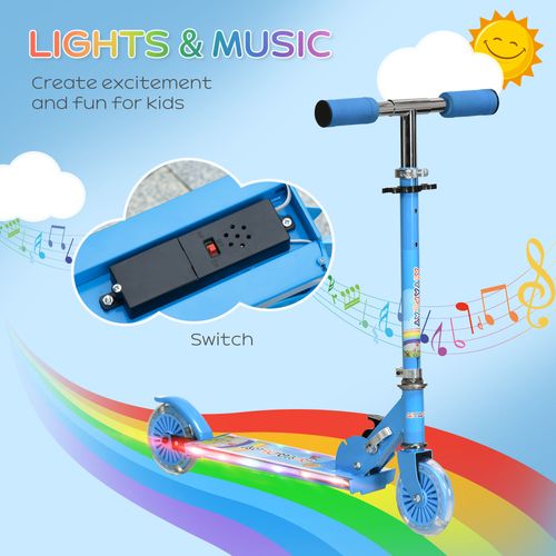 HOMCOM Kids Scooter with LED Lights & Music – Adjustable & Foldable – Blue