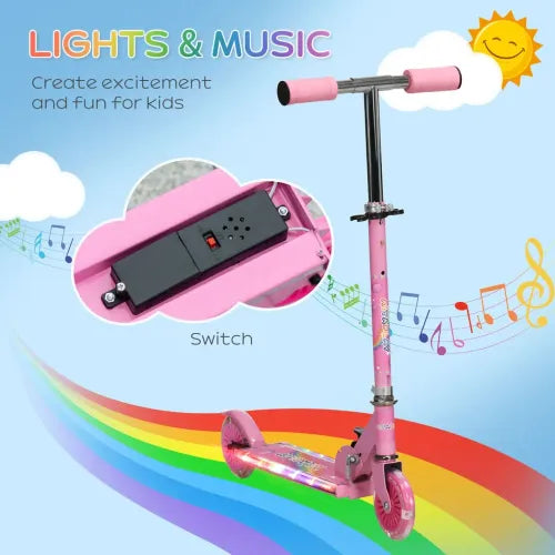 HOMCOM Kids Scooter with LED Lights & Music – Adjustable & Foldable – Pink