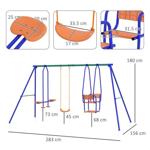 Outsunny Three-in-One Kids Swing Set with Glider & Rocking Chair – Orange & Blue