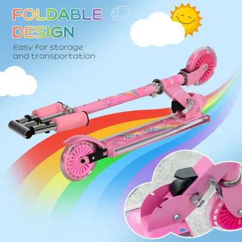 HOMCOM Kids Scooter with LED Lights & Music – Adjustable & Foldable – Pink